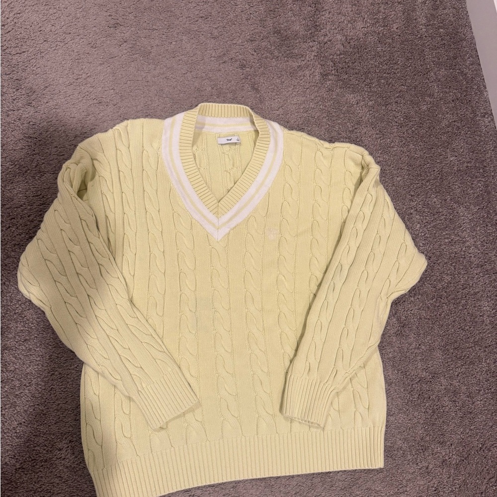 Aritzia Clay Cable Knit V-Neck Yellow Chunky sweater via
